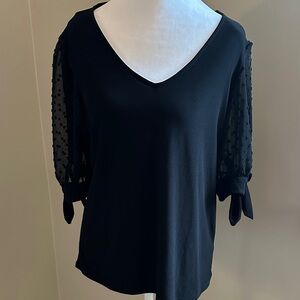 Cece Black V-Neck Top with Sheer Sleeves, Sz M